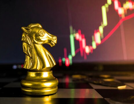 Golden knight chess piece with stock market chart background for financial strategy concept - Powered by Adobe