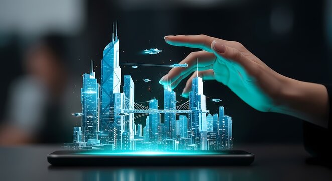 Smart City Digital Twin Hologram on Tablet 