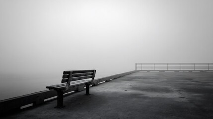 Lonely Bench Foggy Pier Black White Photo.