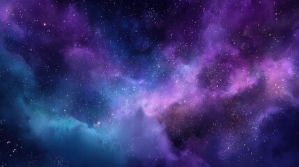 Obraz premium Vibrant purple and blue interstellar gas clouds with glittering star clusters, deep space backdrop, ethereal cosmic dust