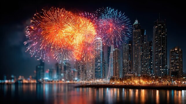 Spectacular Fireworks Display Over Modern City Skyline at Night
