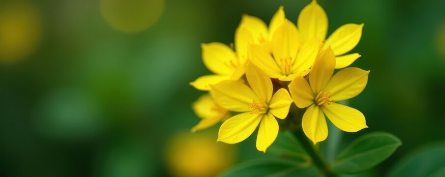 Asymmetrical cluster of vibrant yellow Peltophorum pterocarpum blossoms, close-up , sunlight, plant