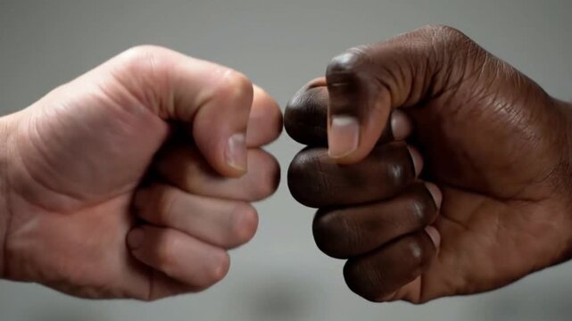 A lightskinned and a darkskinned fist bumping hands are front and center