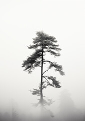 Fototapeta premium Minimal black and white drawing of Christmas pine tree with snowy ground, simple elegant holiday artwork.