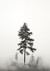 Fototapeta premium Minimal black and white drawing of Christmas pine tree with snowy ground, simple elegant holiday artwork.