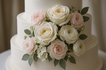 Obraz premium Elegant white wedding cake adorned with delicate floral arrangement