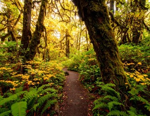 Obraz premium A scenic trail winding through a lush forest with vibrant flora and trees