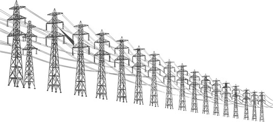 High voltage electricity transmission towers, utility poles, power lines for energy distribution, industrial engineering, electrical grid, and infrastructure network illustration