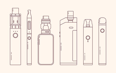 Vape line art set. Electronic cigarettes and vape set. Modern vector outline illustrations. Variety of designs vape pens and pod mods. Flat vector design for web.