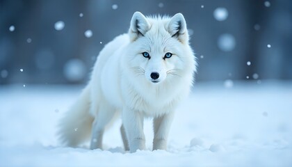 Naklejka premium Beautiful white arctic fox standing in snow with falling flakes