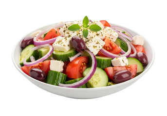 Fresh Mediterranean Greek Salad with Cucumbers Tomatoes Red Onions and Feta Cheese in a White Bowl
