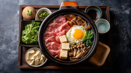 Traditional Hot Pot Meal with Beef, Tofu, Mushrooms, and Vegetables Served on a Wooden Tray
