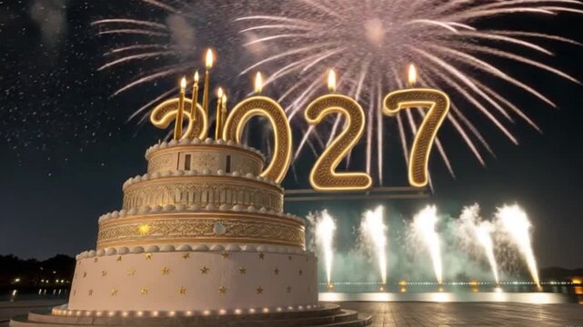 Festive cake with 2027 candles and fireworks display over water at night new year celebration 4k video download