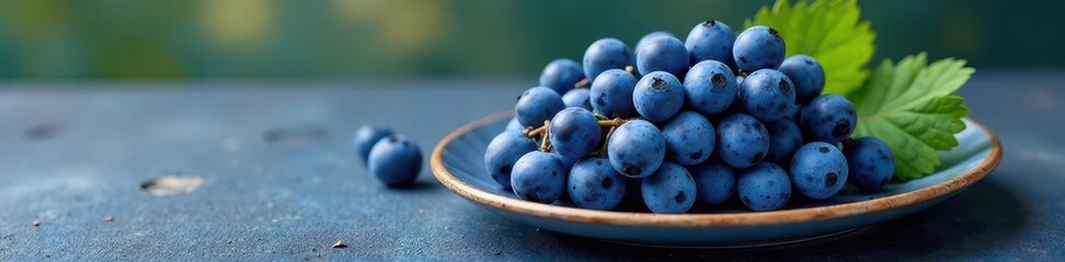 Oval plate brimming with freshly harvested blue grapes , closeup, photography, farm