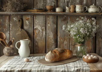 Rustic kitchen scene with bread, pottery, flowers, and wooden shelves, cozy farmhouse country atmosphere.