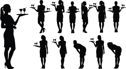 Waitress silhouette illustration, woman serving drinks, hospitality concept art, restaurant service vector, catering staff pose, barmaid with tray, professional server artwork