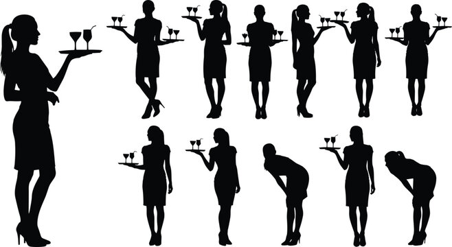 Waitress silhouette illustration, woman serving drinks, hospitality concept art, restaurant service vector, catering staff pose, barmaid with tray, professional server artwork
