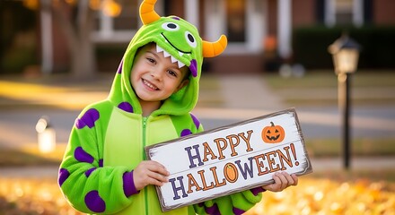 A smiling child in a green monster costume holding a happy halloween sign in front of a house outdoors