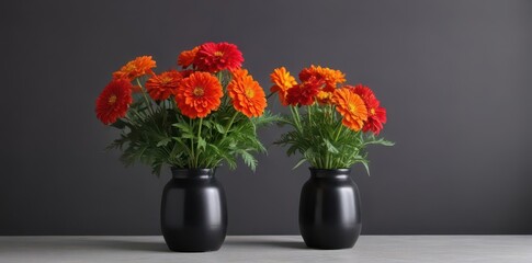 Obraz premium Black and grey marigolds in a simple black vase , stock photo, image