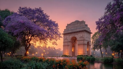India Gate at Sunrise with Purple Jacaranda Trees in New Delhi