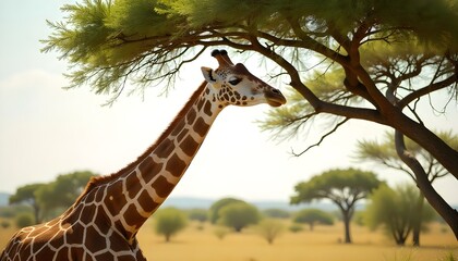 Tall giraffe grazing under acacia tree in African savannah