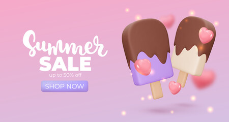 Banner with Ice cream glazed on pink background, summer sale, up to 50%, 3d render. Design elements. Realistic sweet food poster. Vector illustration for menu, shop, flyer, web, adv, sale