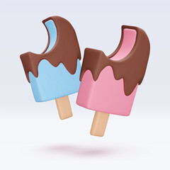 Ice cream with chokolate glaze, icon, 3d render. Design elements. Realistic Sweet fast food icon. Vector illustration isolated on white for menu, shop, flyer, banner, web, adv, sale