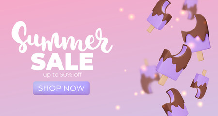 Banner with purple Ice cream on pink background, summer sale, up to 50%, 3d render. Design elements. Realistic sweet food poster. Vector illustration for menu, shop, flyer, web, adv, sale