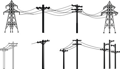 High voltage transmission towers, electrical power lines, utility poles, energy distribution infrastructure, electricity grid, industrial engineering, and electrical network illustration