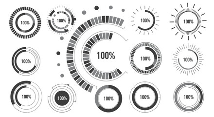 Vector art of collection of circular percentage progress indicators isolated on white background