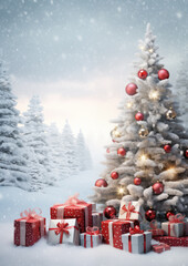 Elegant silver and white Christmas tree with ornaments and gifts in snowy background, festive seasonal celebration scene.