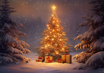 Christmas tree glowing with golden lights in snowy forest, surrounded by gift boxes, perfect festive holiday background.