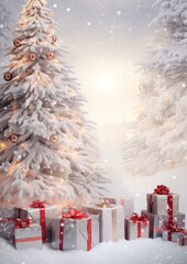 Elegant silver and white Christmas tree with ornaments and gifts in snowy background, festive seasonal celebration scene.