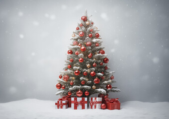 Elegant silver and white Christmas tree with ornaments and gifts in snowy background, festive seasonal celebration scene.