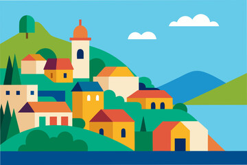 Colorful Coastal Hillside Town with Ocean View