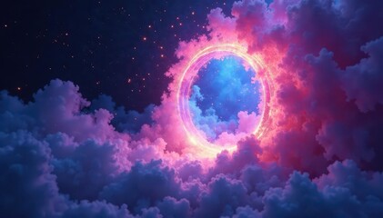 Ethereal mist swirls around a glowing, iridescent portal , otherworldly atmosphere, cosmic veil, astral projection