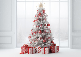 Elegant silver and white Christmas tree with ornaments and gifts in snowy background, festive seasonal celebration scene.