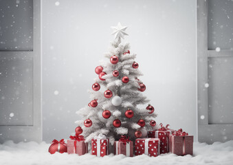 Elegant silver and white Christmas tree with ornaments and gifts in snowy background, festive seasonal celebration scene.