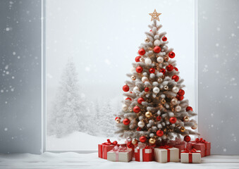 Elegant silver and white Christmas tree with ornaments and gifts in snowy background, festive seasonal celebration scene.