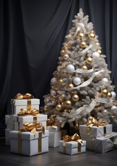 Modern Christmas tree decorated in golden ornaments standing indoors with wrapped gifts, elegant holiday interior.