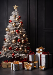 Modern Christmas tree decorated in golden ornaments standing indoors with wrapped gifts, elegant holiday interior.