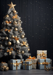 Modern Christmas tree decorated in golden ornaments standing indoors with wrapped gifts, elegant holiday interior.
