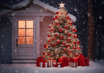 Christmas tree with red ornaments and gifts shining outside cozy snow-covered cabin, festive holiday winter scene.