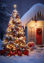 Christmas tree with red ornaments and gifts shining outside cozy snow-covered cabin, festive holiday winter scene.
