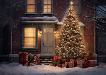 Christmas tree with red ornaments and gifts shining outside cozy snow-covered cabin, festive holiday winter scene.