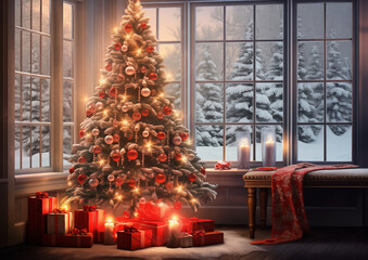 Christmas tree with red ornaments and gifts shining outside cozy snow-covered cabin, festive holiday winter scene.