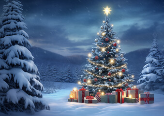 Sparkling Christmas tree decorated with golden lights and red ornaments in snowy forest, cozy festive holiday atmosphere.