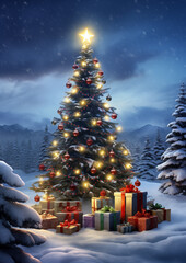 Sparkling Christmas tree decorated with golden lights and red ornaments in snowy forest, cozy festive holiday atmosphere.