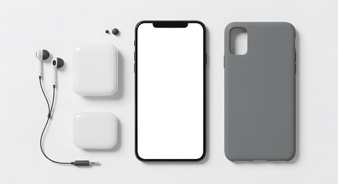 Modern smartphone mockup with blank screen, grey case, wired and wireless earphones.