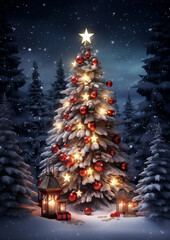 Sparkling Christmas tree decorated with golden lights and red ornaments in snowy forest, cozy festive holiday atmosphere.